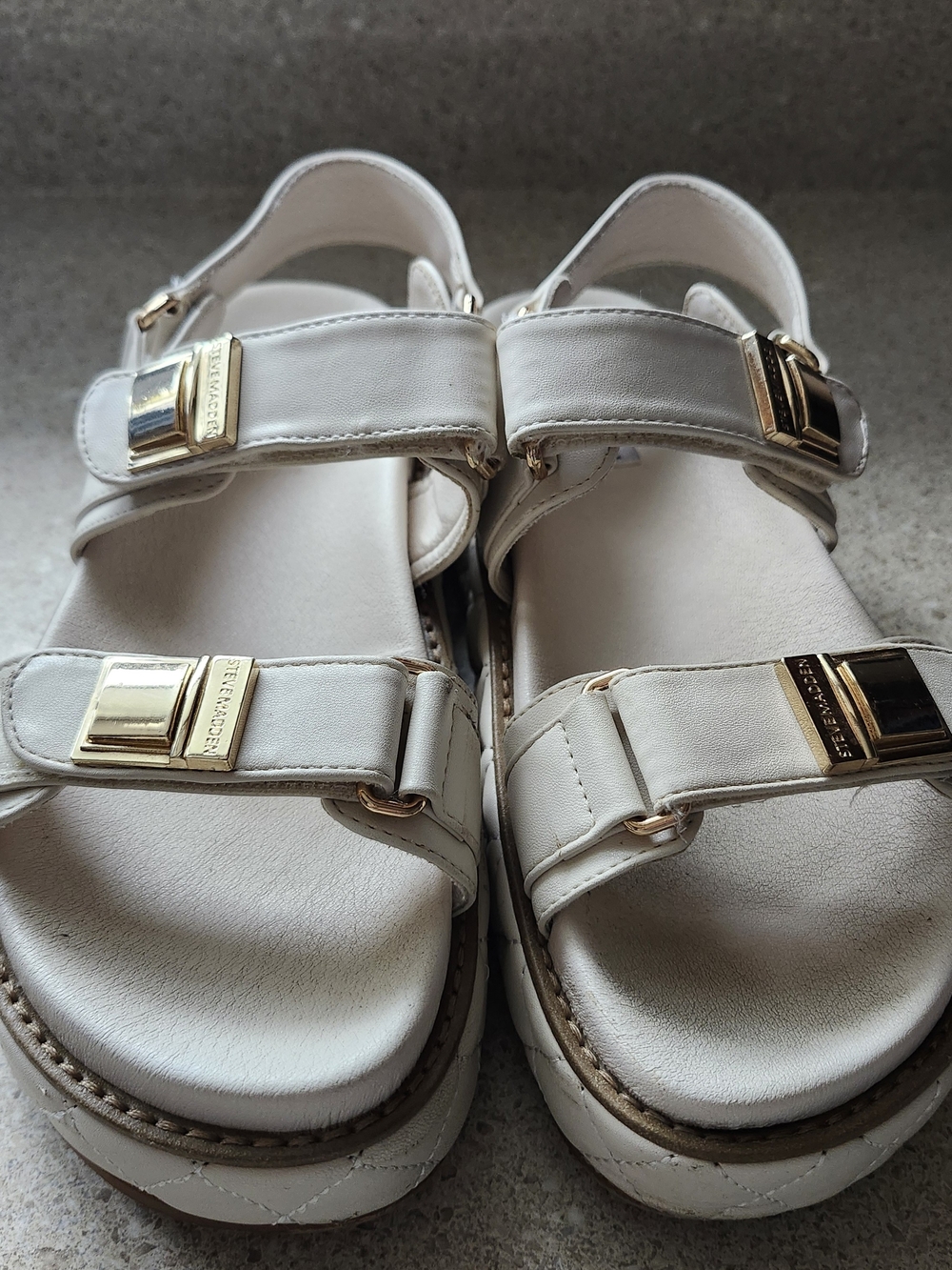 White Women's Steve Madden Leather Strappy Sandals with Gold Accents